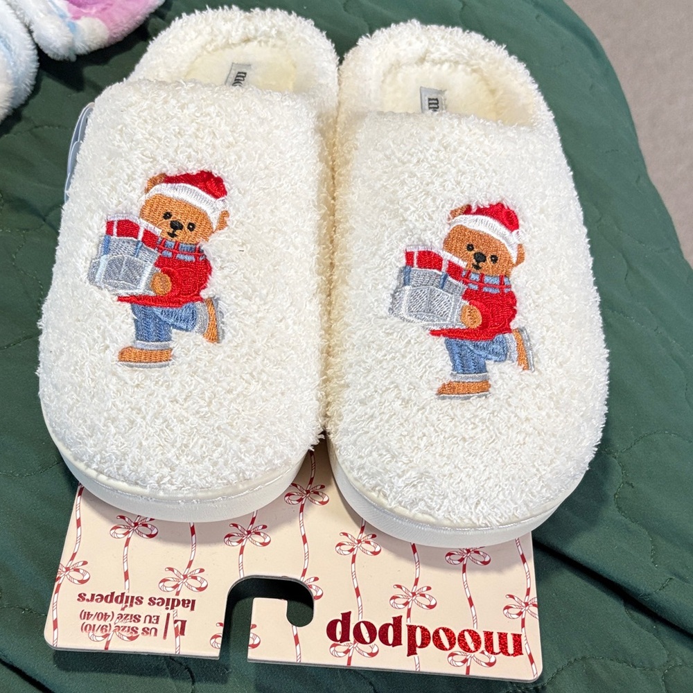 White Slippers with Bear Design